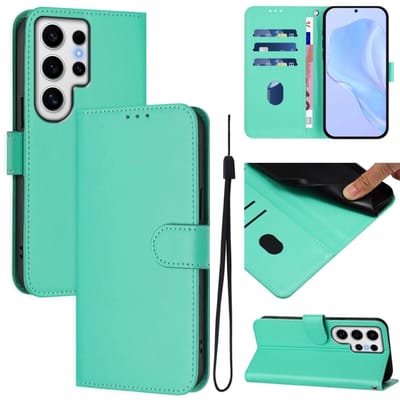 Telefoonhoesje van effen leer met een gladde textuur en draagkoord voor Samsung Galaxy S24 Ultra 5G (groen)