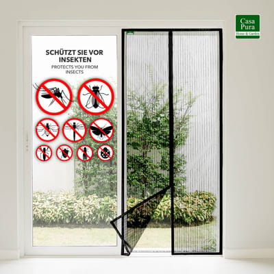 FLOORDIREKT Vliegenhor Sam Magnetisch Gordijn voor Balkondeur, Terrasdeur & Kelderdeur - Eenvoudige Zelfklevende Montage Zonder Boren - Horrengordijn Deur - met Gestreept Garen - 80 x 210 cm
