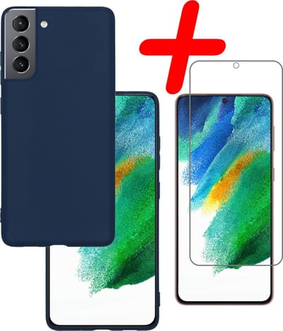 Hoesje Met Screenprotector - Geschikt voor Samsung Galaxy S21 FE - Sterk & Shockproof - Back Cover - Siliconen Case - Telefoon Hoes - Donkerblauw