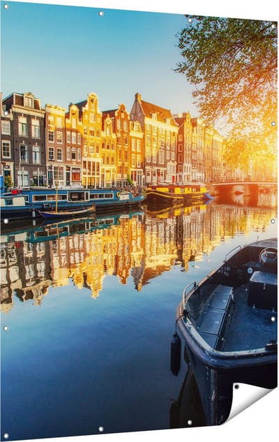 Gards Tuinposter Amsterdamse Gracht bij Zonsondergang - 120x160 cm - Tuindoek - Tuindecoratie - Wanddecoratie buiten - Tuinschilderij