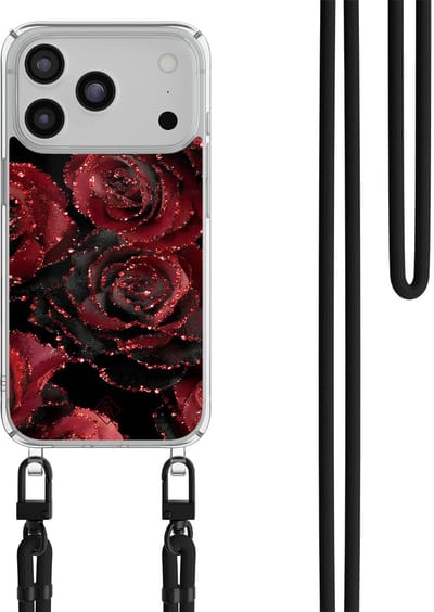 Casimoda® hoesje met zwart koord - Geschikt voor iPhone 17 Pro Max - Rode Rozen - Afneembaar koord - TPU/polycarbonaat - Rood