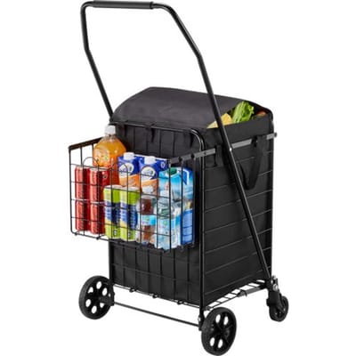 VEVOR Winkelwagen, Opvouwbare boodschappentrolley met twee manden, waterdichte voering en wielen, draagvermogen 45,3 kg, 64 + 10 L boodschappentrolley voor wasgoed, winkelen, kamperen en boodschappen