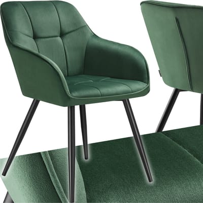 tectake® Eetkamerstoel Marilyn - Gestoffeerde Stoel in Fluweellook - Stikpatroon - Zwarte Stoelpoten - Ergonomische Keukenstoel - Met Doorlopende Rugleuning en Armleuningen - Stoel voor Woonkamer, Eetkamer, Slaapkamer - Donkergroen