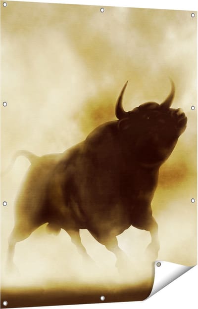 Gards Tuinposter Zwarte Stier in het Stoffige Rook - 90x120 cm - Tuindoek - Tuindecoratie - Wanddecoratie buiten - Tuinschilderij