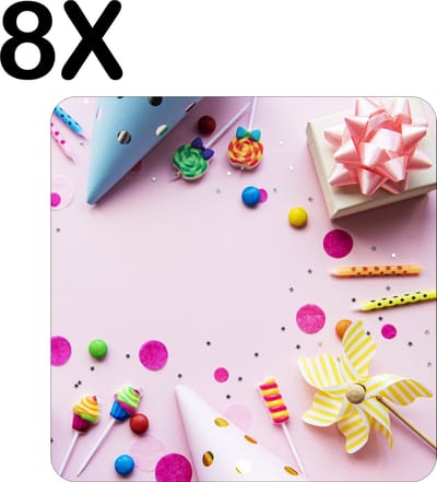Luxe Placemat - Roze Party - Feest - Versiering - Achtergrond - Set van 8 Placemats - 50x50 cm - 2 mm dik Vinyl - Anti Slip - Afneembaar