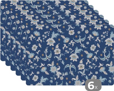 Placemat - Placemats kunststof - Patroon - Vogel - Bloemen - 45x30 cm - 6 stuks - Hittebestendig - Anti-Slip - Onderlegger - Afneembaar