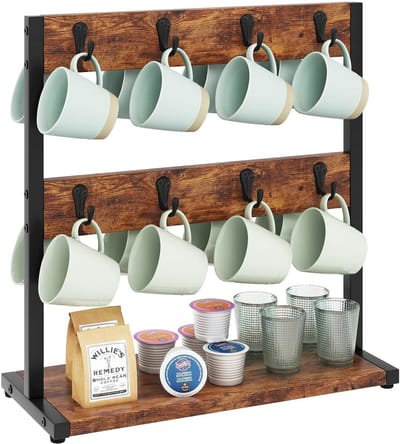 Dailygoods- Mokhouder Rustiek - 16 Haak Mok Boomhouder - Opbergbasis - Mok Display Organizer - Keuken Decor - Spaanplaat/IJzeren Frame - 43x15x41 cm - Mokstandaard