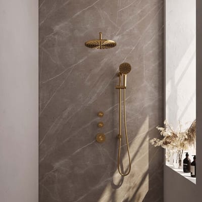 Brauer Gold Carving thermostatische inbouw regendouche SET 22 met 30 cm douchekop en gebogen muurarm en 3-standen handdouche en doucheslang en geïntegreerde glijstang goud geborsteld PVD