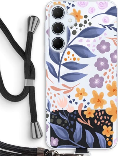Case Company® - Hoesje met koord geschikt voor Samsung Galaxy A35 hoesje met Koord - Flowers with blue leaves - Telefoonhoesje met Zwart Koord - Bescherming aan alle Kanten en Over de Schermrand