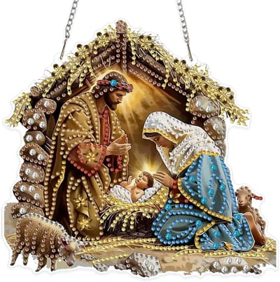 Kerst Diamant Kunst Hang Kits voor Volwassenen en Kinderen, 5D Speciale Vorm Diamant Schilderen, Jezus Hanger Kits voor Thuisdecoratie en Cadeaus met Kristal Rhinestones