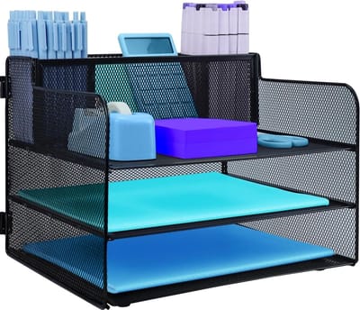 Bureau-organizer met 3 niveaus met handvat en potloodhouder, uittrekbare mesh-bestandsorganizer voor bureaubrievenbak, organizer van gaas, papieropbergrek voor A4-bestanden, kantoorbenodigdheden