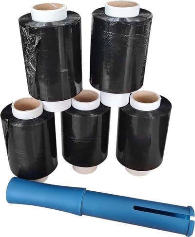 Kortpack - Mini-rollen 23my dik x 10cm breed x 150mtr lang - Zwart - 5 Rollen + Dispenser - Minifolie - Bundelfolie - Miniwikkelfolie - (005.0103)