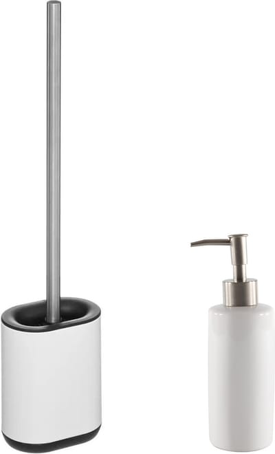 5Five - WC-/toiletborstel plat in houder - wit - Zeeppompje 400 ml