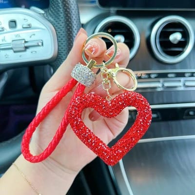 Creatieve holle hart hanger vol met strass liefde sleutelhanger leren touw auto sleutelhanger hanger rood