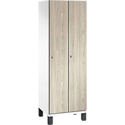 C+P locker Cambio, 2 vakken, op poten, B 600 x D 525 x H 1980 mm, verkeerswit/ essenhout decor