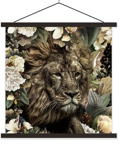Posterhanger incl. Poster 60x60 cm - Schoolplaat - Leeuw - Bloemen - Blad - Textielposter - Zwarte latten