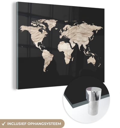 ® Glasschilderij 120x90 cm - Schilderij acrylglas - Wereldkaart - Beige - Zwart - Foto op glas - Muurdecoratie woonkamer - Wanddecoratie slaapkamer - Schilderijen