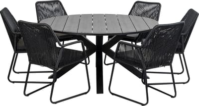 7-delige ronde tuinset | 6 Mona tuinstoelen (Black) | ⌀150cm Cyprus tuintafel (Grey)