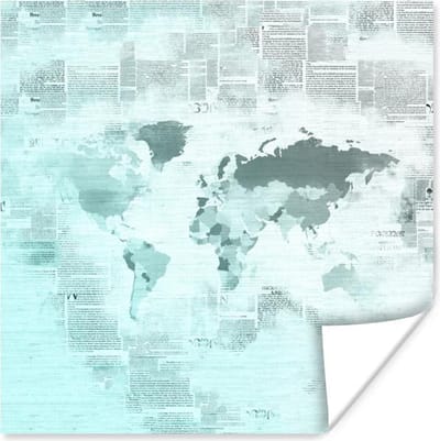 Poster 30x30 cm - Wereldkaart - Blauw - Wit - Krant - Posters - Kamer decoratie - Wanddecoratie woonkamer - Muurdecoratie slaapkamer