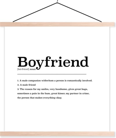 Posterhanger incl. Poster 40x40 cm - Schoolplaat - Woordenboek - Boyfriend - Vriend definitie - Spreuken - Quotes - Textielposter - Blanke latten
