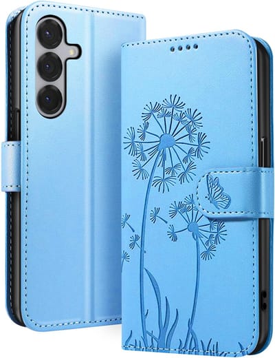 Zanae, Portemonneehoesje Geschikt voor Samsung Galaxy S24 / S25 Premium Design Bloemen Vlinder, Lichtblauw