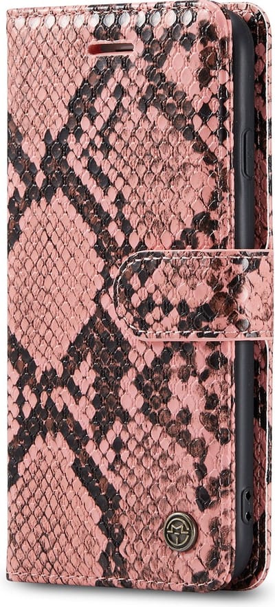 Casemania Hoesje Geschikt voor Apple iPhone 7 / 8 - Roze - Luxe Wallet Bookcase met Pasjeshouder en Standaard - Kunstleer Portemonnee Telefoonhoesje met Slangen Structuur