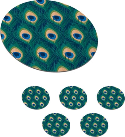 Onderzetters voor glazen - Rond - Design - Pauw - Veren - Groen - Blauw - 10x10 cm - Glasonderzetters - 6 stuks
