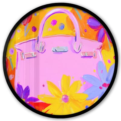 Poster in lijst Rond - Fotolijst 40x40 cm - Posters - Tas - Roze - Bloemen - Ronde posterlijst zwart - Decoratie - Wanddecoratie woonkamer - Muurdecoratie slaapkamer