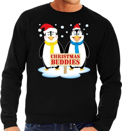 Bellatio Decorations Foute kersttrui / sweater - pinguin vriendjes - zwart - voor heren - Kersttruien S