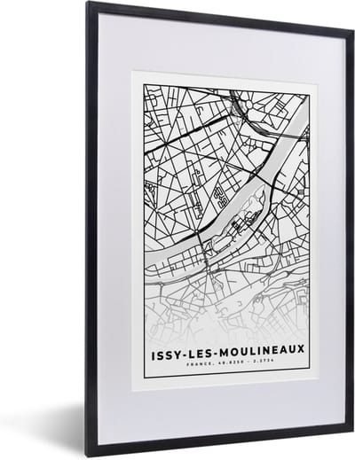 Fotolijst incl. Poster Zwart Wit- Kaart - Stadskaart - Frankrijk - Plattegrond - Issy-les-Moulineaux - Zwart wit - 40x60 cm - Posterlijst