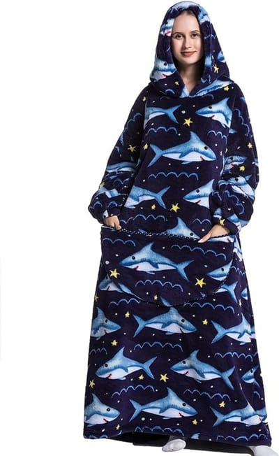 Livano Hoodie Deken Met Mouwen - Onesie - Fleece Blanket - Dames - Heren - Kinderen - Plaid - Knuffeldeken - Extra Zacht - Haai