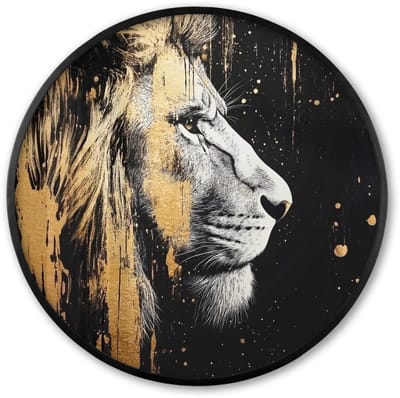 Poster in lijst Rond - Fotolijst 60x60 cm - Posters - Portret - Leeuw - Abstract - Goud - Ronde posterlijst zwart - Decoratie - Wanddecoratie woonkamer - Muurdecoratie slaapkamer