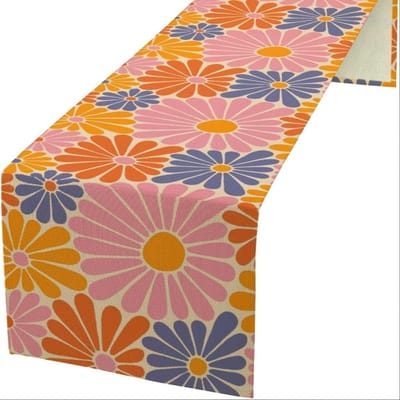 Hippie Bloemen Tafel Runner, Jaren 70 Retro Oranje Roze Blauwe Bloemen Boho Groovy Margriet Bloemen Esthetische Print Tafel Runner 150x33cm beige