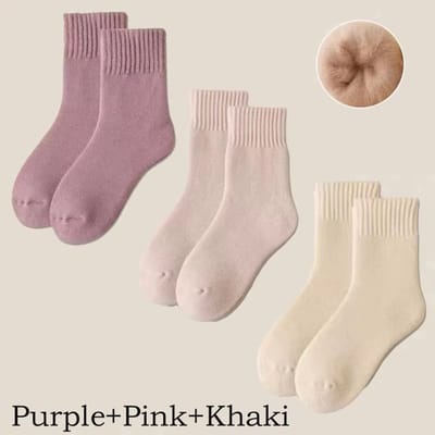 3 Paar Warme Wollen Dames Sokken Winter – Dikke Huissokken, Slofsokken & Sneeuwlaarssokken – Pluche, Zacht, Mid-Tube – Wit & Crèmekleur