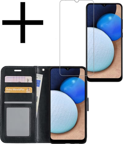 Hoesje - Met Screenprotector - Geschikt voor Samsung Galaxy A02s - Luxe Pasjeshouder - Bookcase Portemonee - Flip Case - Kunstleer Book Case - Flipcase - Book Cover - Walletcase - Portemonneehoes - Zwart