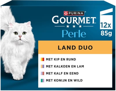 Gourmet Perle Duo – Kattenvoer Natvoer – Kip & Rund / Kalkoen & Lam / Kalf & Eend / Konijn & Wild – 48 x 85 g