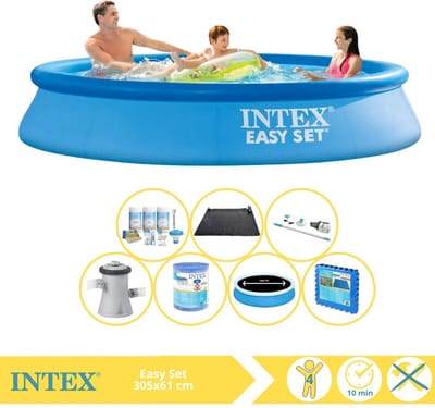 Intex Rond Opblaasbaar Easy Set Zwembad - 305 x 61 cm - Blauw - Inclusief Solarzeil - Onderhoudspakket - Zwembadfilterpomp - Filter - Stofzuiger - Solar Mat - Vloertegels - 8-delig