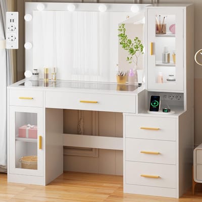 Grote Kaptafel met Verlichte Spiegel en Laadstation - Make-uptafel met 5 Laden in Wit
