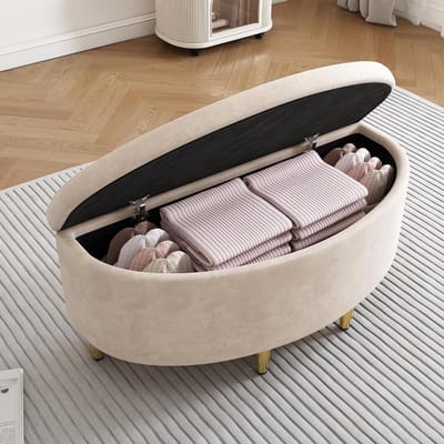 Opbergbank - Poef Bankje - Woonkamer Opbergen - Grote Opbergruimte - 90 x 40 x 42 cm - Beige