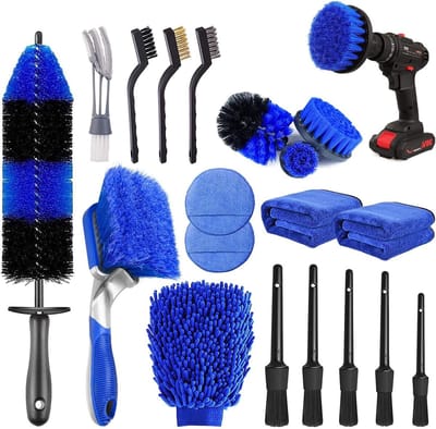 Auto Poets Borstel Set - Reinigingskit Auto - Auto Onderhoud - 20 Delig Compleet - 17 Inch Velgborstel - Zwart