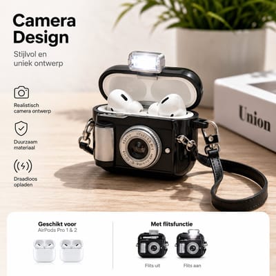 Schattige Kleine '' Polaroid Camera Style Zwart '' AirPods Pro 2 Case – Beschermhoes met Retro Design, Anti-val Bescherming en Draadloos Opladen
