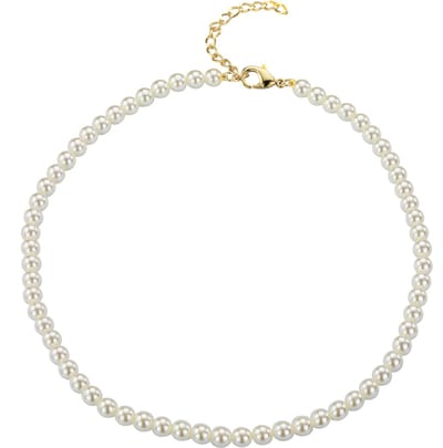 Traveller Ketting - Collier Dames - Parelcollier - Parelketting dames - Goudkleurig - Parels ø 6 mm - Wit - Ketting 40 cm - Verguld - 741640