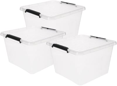 5Five opberg kist met deksel - 3x - Clip Box - 32 liter - 39 x 39 x 26 cm - kunststof - transparant