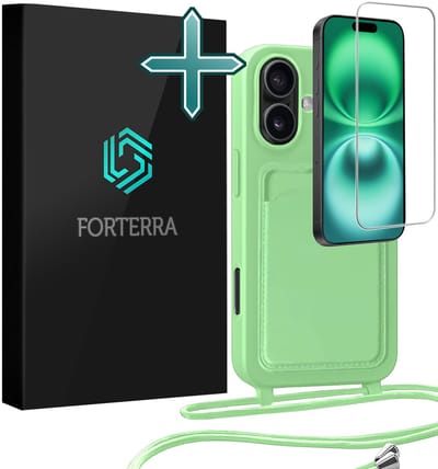 Hoesje Geschikt voor iPhone 16 Plus Pashouder Case Siliconen Hoes Met Koord Met Screenprotector - Hoes Geschikt voor iPhone 16 Plus Met Telefoonkoord Hoesje Back Cover Met Pasjeshouder - Groen