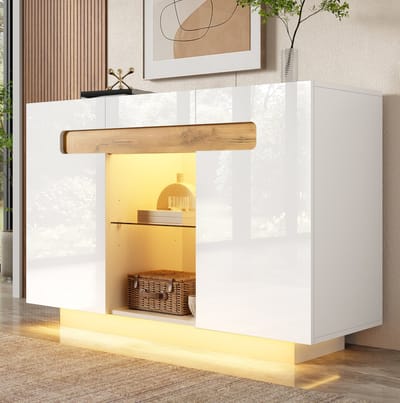 FloraGrace Dressoir - Opbergkast Met LED En Hoge Glans - Voor Woonkamer, Keuken En Hal - Spaanplaat En Glas - 120x40x80 Cm - Wit