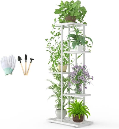 Famanu - Plantenrek van metaal, 5-laags wit, compacte bloemenstandaard voor binnen