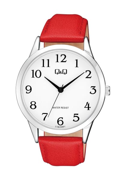 Q&Q C10A-029PY - Horloge - Polshorloge - Analoog - Unisex - Leren band - Rond - Metaal - Cijfers - Rood - Zilverkleurig - Wit