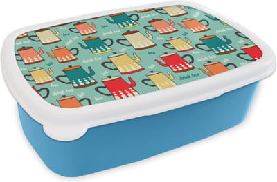 Broodtrommel Blauw - Lunchbox - Brooddoos - Patronen - Thee - Theepot - Vintage - 18x12x6 cm - Kinderen - Jongen