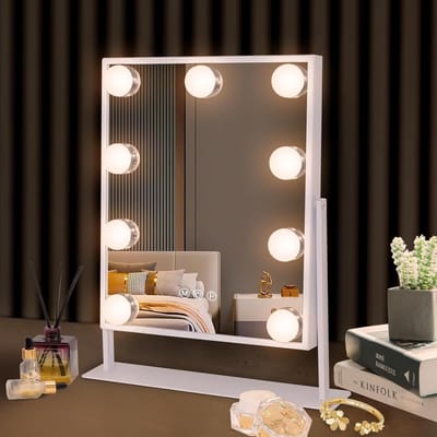 PolkaHome Bluetooth Make-upspiegel met verlichting draadloos oplaadstation Hollywood Spiegel met 3 kleuren licht & 9 dimbare led lampen spiegel met verlichting 360 graden rotatie makeup spiegel