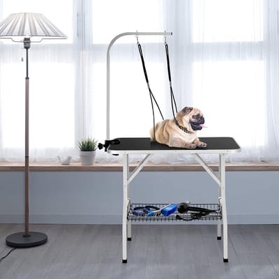 Draagbare huisdierverzorgingstafel, hondenverzorgingstafel voor huishoudelijke badkamers, haardroog en knippen, trimtafel met netmand voor honden/katten, zwart, in hoogte verstelbaar HMTM-TT-10022-Black